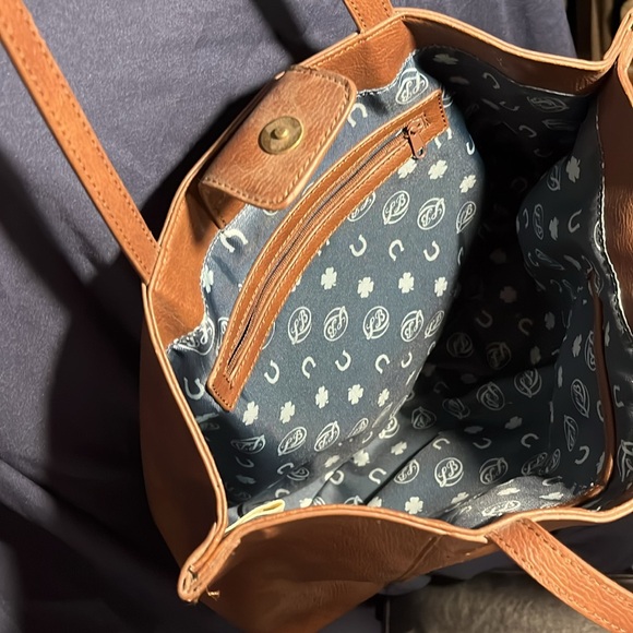 Lucky Brand brown studded purse with cutouts and Teal & horseshoe print lining. - Picture 8 of 8